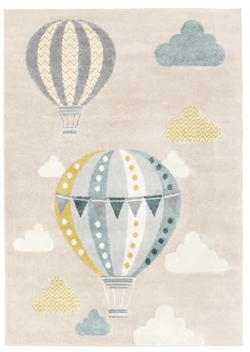 RugVista Balloon Ride, Tappeto per bambini, Moderni Bambini, 140 x 200 cm, Rettangolare, Pelo medio, Cameretta, Lavabile solo a secco, Senza sostanze chimiche pericolose, Beige/Blu