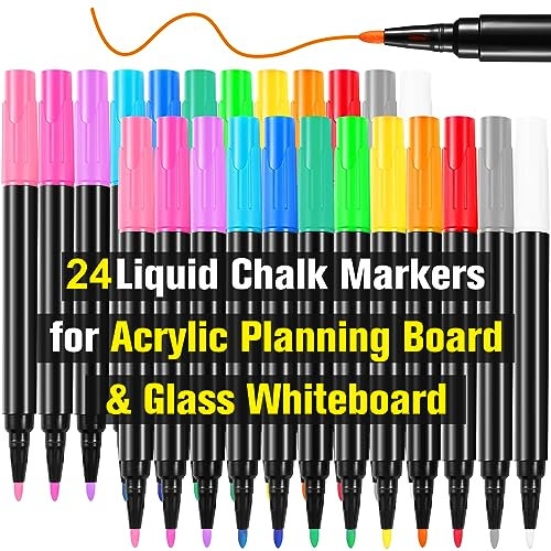 OORAII 24 Liquid Chalk Markers 12 Colors for Acrylic Calendar Planning Board LED Note Board Glass Dry Erase Board Whiteboard Wet Erase Markers for Window Mirror, 1mm Fine Points, for Easter Holidays