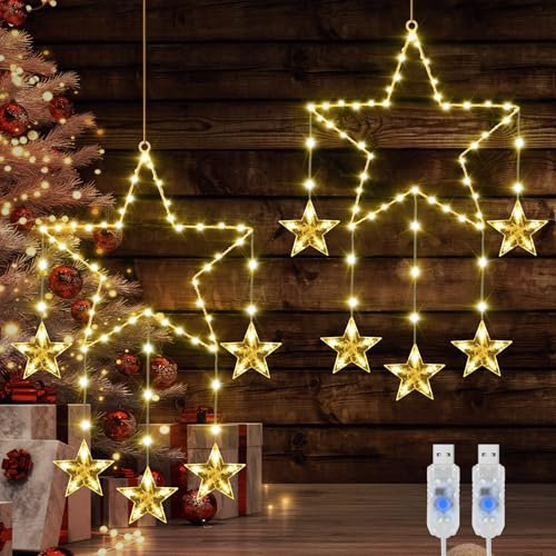 Therlan LED Fensterdeko Weihnachten Beleuchtet, 2 Stück Batterie 62 LEDs Sterne Weihnachtsbeleuchtung mit Timer, 8 Modi Speicherfunktion Weihnachtsstern Weihnachtsdeko Fenster Lichterketten Warmweißen