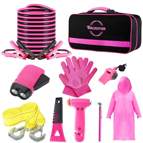 BHLUUIYER Kit de Emergencia para Coche, Kit de Emergencia Rosa para Carretera con Cables de Puente, Cuerda de Remolque, Martillo de Seguridad, Accesorios de Coche Rosa para Mujer