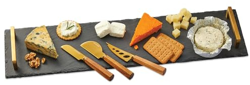 Occasion Natural Slate Rectangular Cheese Platter with Brass Handles & 3 Piece Specialty Knife Set