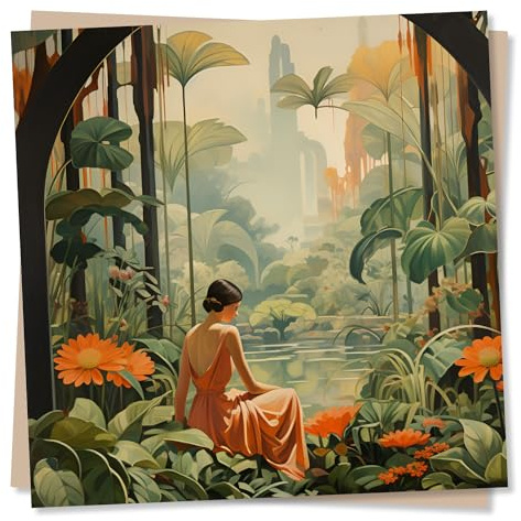 Art Deco Greeting Card – Lady by Pond with Skyscraper Scene – Blank Inside (135 x 135 mm) – Made in UK – with Envelope