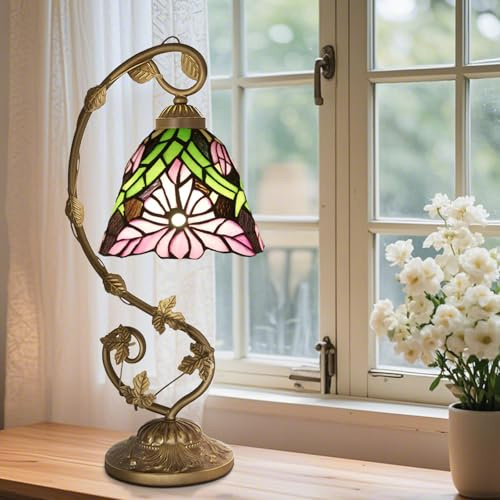 Ppbmocw Tiffany Style Table Lamp,Pink Flower,3 Color Temperatures,8 inch | Small Stained Glass Lamp For Bedside,Living Room,Bedroom,Reading,Traditional Light,Vintage Art Deco Lamps,Holiday Gifts