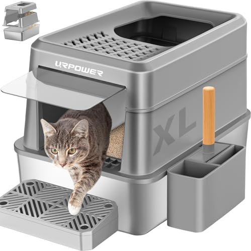 URPOWER Stainless Steel Cat Litter Box with Lid Extra Large Enclosed Litter Box Non-Sticky Metal Pan with High Sided & Scoop, Odor Free, Front & Top Entry, Anti-Leakage, Easy Cleaning