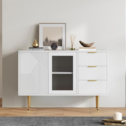 BTM Buffet de Salon, Buffet Cuisine Blanc avec 3Tiroirs et 2 Portes, Armoire de Rangement, Bases en Bois Massif et Portes en Verre, 120x38x79.5cm