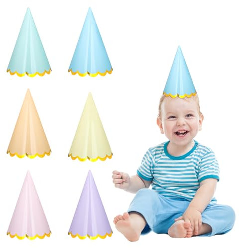 GlamRays 12 Piece Pastel Birthday Party Hats Colorful Cone Birthday Hats Rainbow Cone Paper Hats with Elastic String for Birthday Baby Shower Wedding Party Supplies