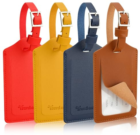 AiQInu 4 Piezas Identificador de Maletas, Etiqueta Maleta Viaje Cuero de PU, Identificador Maletas Viaje con Etiqueta de Nombre, Luggage Tag para Evitar Pérdida de Bolsas y Maletas