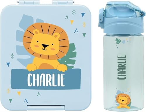 bienpegado – Set con botella personalizada para niños y fiambrera infantil con nombre de plástico – Botella con pajita de 450 ml – 100% libres de BPA (Azul claro)