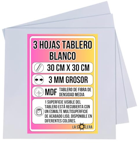 LA SOLERA Pack 3 Hojas Tablero MDF BLANCO | 300 x 300 x 3 mm | Tablero de Fibra de Densidad Media | Manualidades | Pirograbado | Corte Laser | Modelado | Tabla Madera | Corte Limpio Sierra