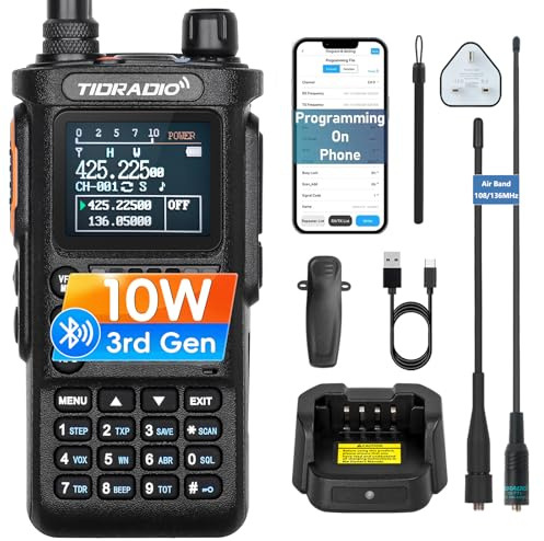 TIDRADIO TD-H8 10W Ham Radio APP/Web Bluetooth Programming, 8-Band, Freq Copy, DTMF, NOAA Weather, 2500mAh Rechargeable, Airband Two Way Radio, Radio Communication for Emergency Hiking Camping-1Pack