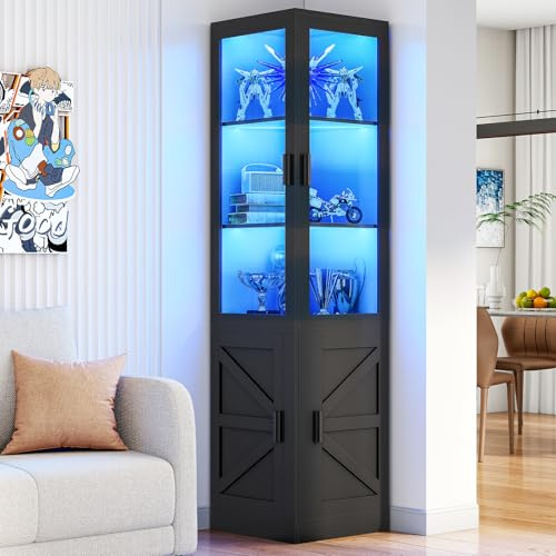 HOOBRO Corner Display Cabinet with Glass Doors，69.5 Glass Display Cabinet with LED Lights, Corner Storage Cabinets for Collectibles, Books, Modern Curio Cabinets Bookcase, Black BK01DDC01