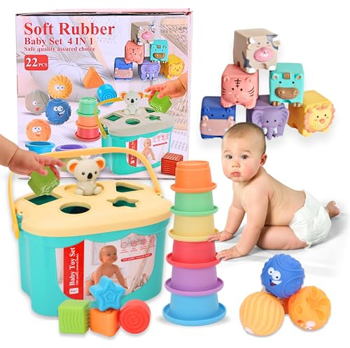Babybaipro - Set de Juguetes Montessori Bebé 4 en 1-22 Piezas Sensoriales Educativas - Bloques Blandos, Clasificador de Formas, Torre Apilable - Regalo Bebé 6-12 Meses, 1 Año