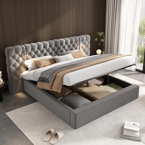 Oslghy Letto Imbottito 180x200, Letto Matrimoniale con LED Illuminazione e Spazio Contenitore, Letti Moderno Idraulico con Testiera Ampia e Morbida, Rete a Doghe, Grigio, Velluto, Senza Materasso