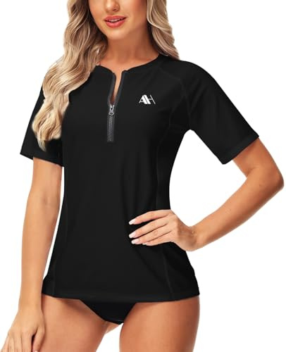 Damen Kurzarm Badeshirt Sonnenschutz Rashguard Women UV Shirt Damen Neopren Shirt Schwimmen Top Schwarz