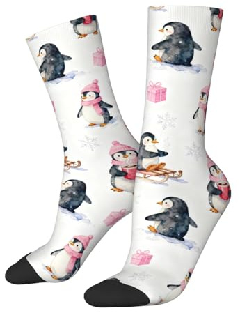 Raunew Novelty Socks For Men Women, Casual Dress Socks Funny Gifts, Winter Penguin Play Sled Snowflake Design