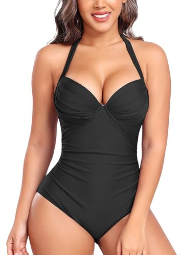NLAND Maillot de Bain Une Pièce Femme Col en V Push Up Contrôle du Ventre Elégant Maillot Une Pièce pour Femme Dos Nu avec Plis，Noir，XXL