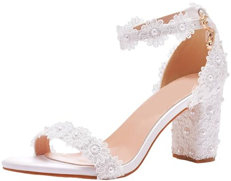 Jamron Mujer Elegante Sandalias de Tacón de Bloque Encaje Floral Perlas Blanco Zapatos de Novia
