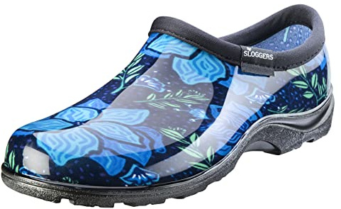 Sloggers Original vattentät regn- och trädgårdssko för kvinnor – utomhus slip-on trädgårdstofflor – tillverkad i USA med premium komfort innersula och fotvalvsstöd, Blue Spring Surprise Print,