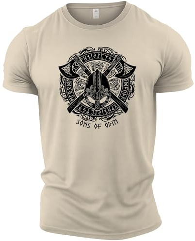 GYMTIER Sons of Odin - Casco Vikingos - Camiseta de gimnasia para hombre Entrenamiento de culturismo Entrenamiento Levantamiento Ropa superior, Arena, M