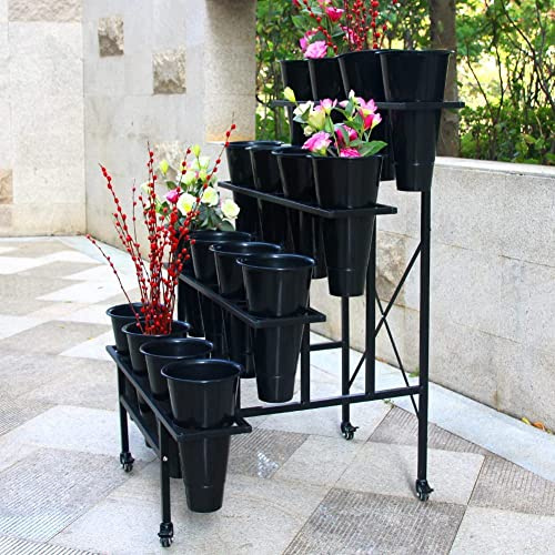 Zhongma Flower Display Stand with 16pcs Plastic Buckets for Fresh Flowers Heavy Duty Garden Cart Moving Flower Bucket Stand with Wheels