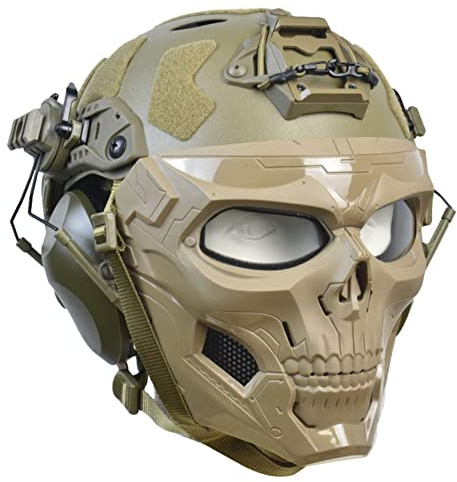 Tactical Full Airsoft Mask & Tactical Helmet with Tactical Headset,Ear Hearing Protection Noise Cancelling,Full Face Skull Mask Clear Goggle Paintball Gear (T-Khaki Helmet)