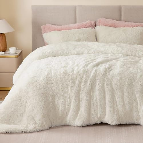 Sacebeleu Set di Biancheria da Letto in Soffice Plüsch 200x220cm Bianco Crema Caldo Inverno Flauschig Flanella Biber per Ragazze, Copripiumino con Chiusura a Cerniera e 2 Federe 80x80cm per Letto
