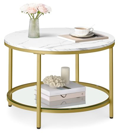 VASAGLE Mesa de Centro, Mesita de Salón, de Mármol de Imitación Redonda, Estante de Vidrio Templado, Montaje Fácil, Estilo Moderno, Blanco Mármol y Dorado Claro LCT072W59