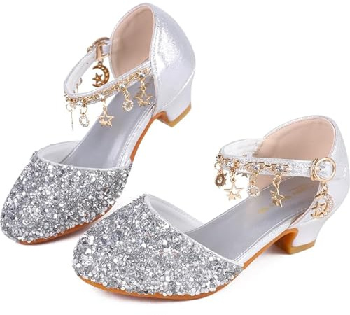 KUWIBY Girls Princess High Heel Sandals,Bowknot Sequin Dress Shoes Sliver