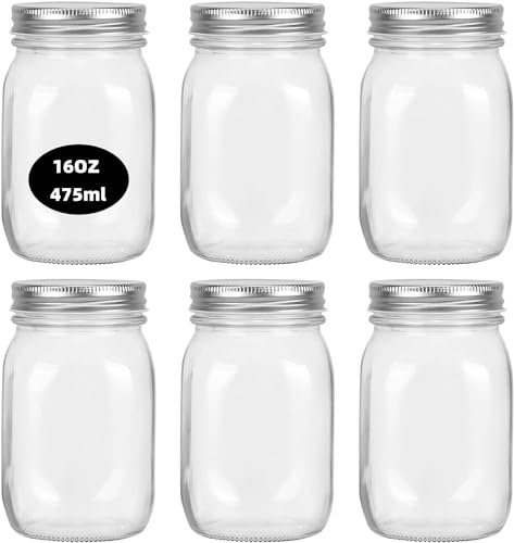 simpa 6PK 475ml/16oz Glass Mason Jars featuring Jar Measurements with Silver Metal Airtight Lids. Suitable for Meal Prep, Drinks, Food Storage, Canning, Dry Food, Salads and more.