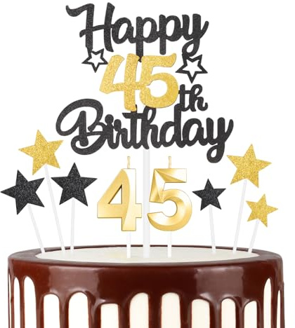 Decoraciones doradas de cumpleaños número 45 y decoración para tartas, vela de cumpleaños 45 y velas de fiesta, suministros de celebración con velas 3D número 45