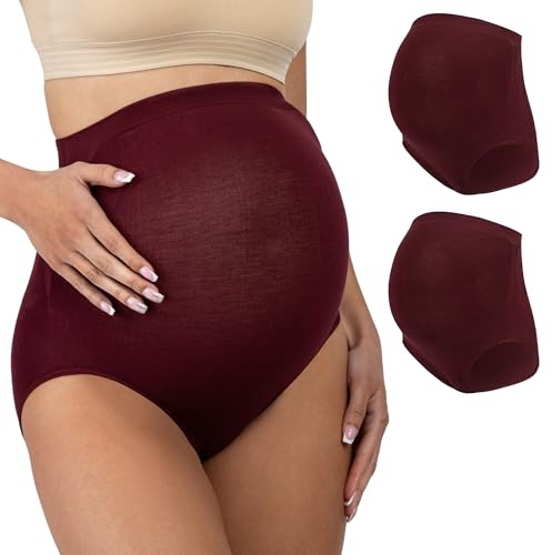 Be Relax Maternity Briefs - Pregnancy Underwear for Women - High Waist Over Bump, Belly Support Pregnancy Undergarment - Cotton/Nylon Blend Maternity Panties 2 Pack - Wine (Small)