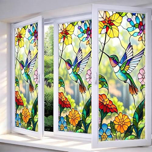 IVN Stained Glass Window Film 17.7x39.3 inch Hummingbird Floral Decorative Window Privacy Film Stained Decals Static Cling Sun Blocking Decor for Home Office Windows Door Glass Partitions