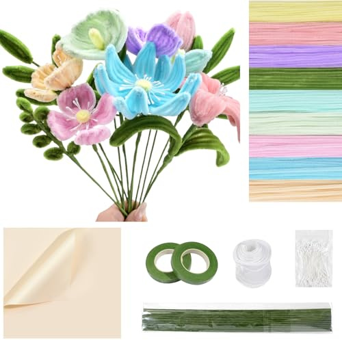 Morcheiong Juego de 480 limpiadores de pipa de chenilla, con tallos y flores, para bricolaje, accesorios para manualidades, serie rosa, azul y violeta