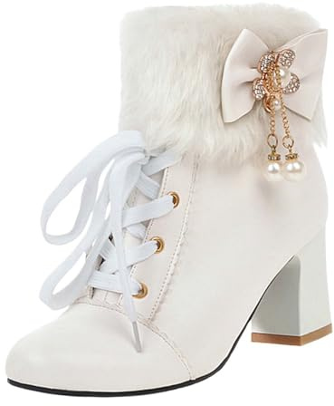 UK 4.5 Women Cute Lolita Boots Ankle Booties Lace up Chunky Mid Heel Ankle Boots with Bow Pearl Furry Winter Shoes Fluffy Short Boot White Footwear