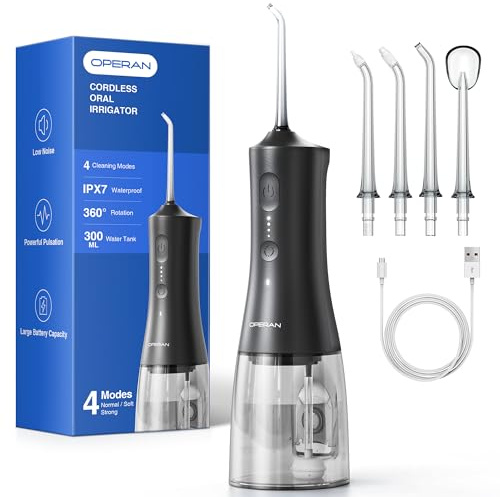 Operan Water Dental Flosser for Teeth Cordless, 300ML Rechargeable Oral Irrigator with 4 Modes, Water Flossers for Adults, IPX7 Waterproof, Use at Home/Travel, Black，1 Pack + 4 Nozzles