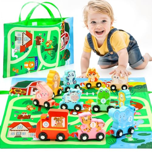 Anginne 1st Birthday Gifts for Boys Girls, Wooden Animal Train Toys Set for 1 2 3 Year Old Boy Montessori Toys Toddler Toys for 1-3 Year Old Boy Easter Gifts Educational Toy