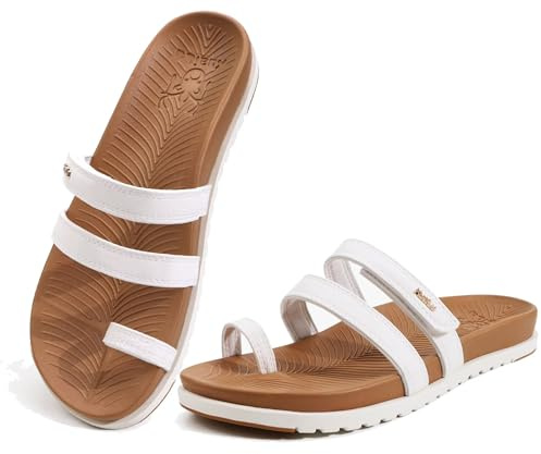 KuaiLu Womens Slides Sandals With Arch Support Comfort Plantar Fasciitis | Yoga Mat Orthopedic Cushion Sandals Fashion Summer Beach Walking Flat Adjustable Ladies Slip On Dressy Sandles UK3-9
