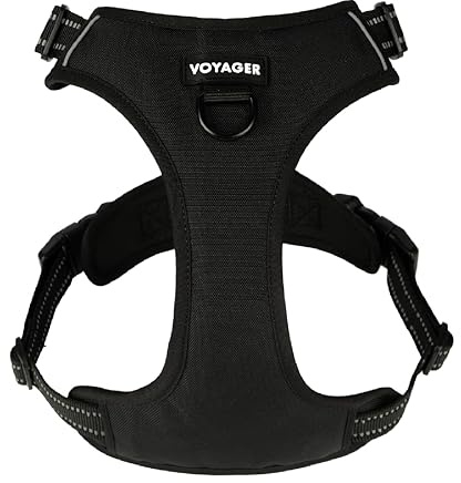 Voyager Dog Harness Dual Leash Attachment No-Pull Control Adjustable Soft but Strong Pet Harness for Medium and Large Dogs with 3M Reflective Technology, Black Nylon, M (Chest: 20-25)