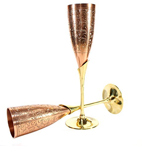 StonKraft Engraved Brass Goblet Champagne Glasses Flutes Coupes Wine Glass Set (Slender Copper)