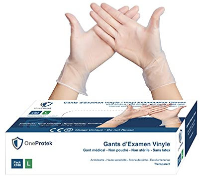 OneProtek Gants jetables en Vinyle - Lot de 4x Boîtes de 100 gants jetables Taille L - non poudrés, sans latex - Multi-usages et résistants