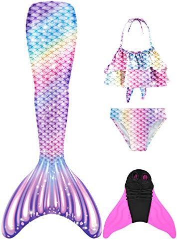 FOLOEO Meerjungfrauenflosse Mädchen Meerjungfrau Flosse für Kinder mit Bikini Set und Monoflosse, 4 Stück Set