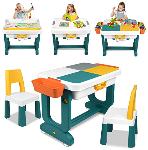 AufuN Table d'activité 5 en 1 pour enfant - Hauteur réglable - Avec chaises - Grand bloc de construction multifonction - Avec espace de rangement - 2 chaises - Cadeau pour garçons et filles