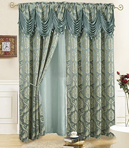 Rideaux de fenêtre Jacquard de Luxe pour Salon et Chambre à Coucher - 137 x 213 cm - Ensemble de 2 Panneaux avec cantonnière attachée, Dos et 2 embrasses - Design élégant et Fantaisie - Cortinas Para
