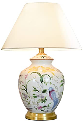 CEKUXPS Chinoiserie Ceramic LED Table Lamp, American Flower&Bird Bedside Lamp, Classic White Fabric Lampshade Desk Nightstand Lamp for Bedroom Living Room Office College Bookcase