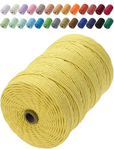 GOHOF Macrame Cord 3mm x 200m Premium Cotton Macrame Rope, 4 Strand Twisted Soft Cotton Cord, One of The Most Perfect Materials for Macrame Art, Cotton String Without Chemicals (Yellow)