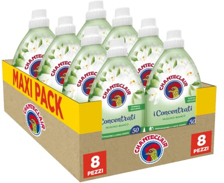 CHANTECLAIR I Concentrati Concentré Assouplissant, Parfum Musc Blanc, pour un linge doux et parfumé, Lot de 8 flacons de 1 L