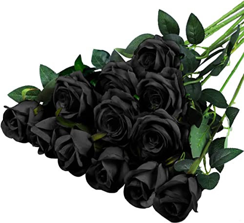 Anaoo 12 pcs Roses Fleurs Artificielles de Soie Faux Bouquet Arrangements Florale Décoration Floraux Rose Fleurs Maison Mariage Fête d'anniversaire Salon Bureau Jardin, Noir