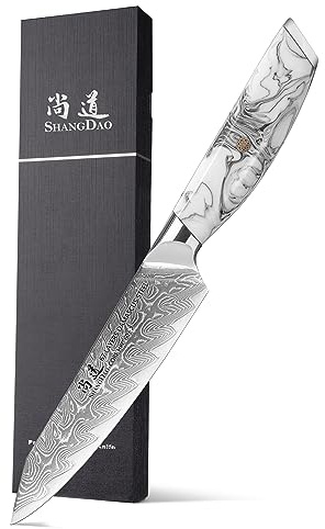 SHANGDAO Cuchillo de cocina de 5.0 in, cuchillos afilados para pelar frutas y verduras, acero de Damasco forjado con tinta y mango de resina de lavado, espiga completa, serie Hua