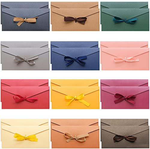 24 enveloppes pour cartes de vœux, enveloppe 110x220 mm, avec nœud, 12 couleurs, belles enveloppes pour cartes cadeaux, cartes de visite, invitations, lettres d'excuses, enveloppe cadeau