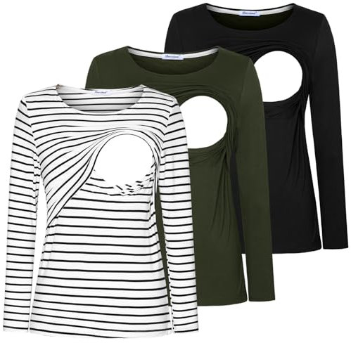 Bearsland Women's Nursing Shirt Long Sleeve Round Neck Breastfeeding Top, Black & Army Green & White Stripes, S